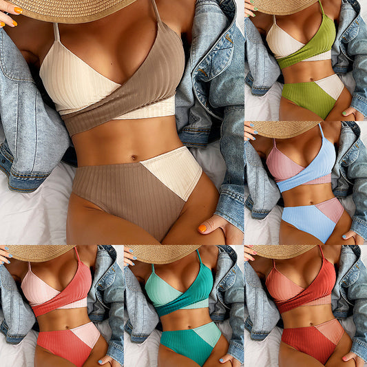 Patchwork Ribbed Bikini: Knot Back Beachwear for Women
